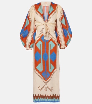 Printed tie-detail linen midi dress