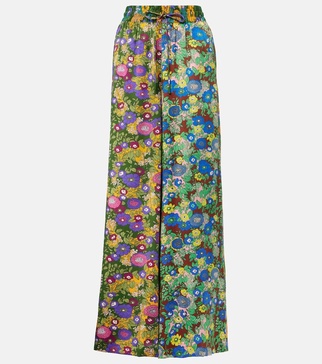 Printed silk satin wide-leg pants