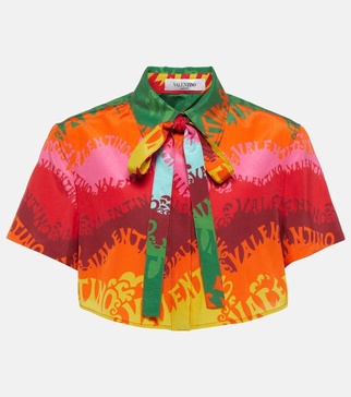 Printed silk and cotton crop top