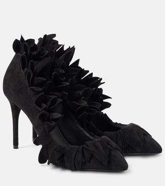 Petal ruffled suede pumps
