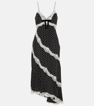 Lace-trimmed polka-dot silk midi dress