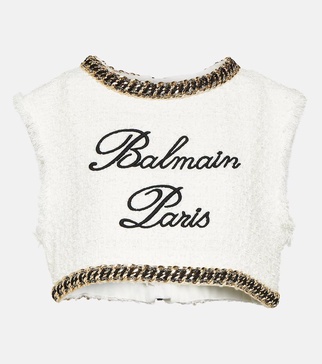 Logo chain-detail tweed crop top