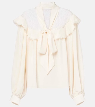 Bow-detail lace-trimmed silk blouse