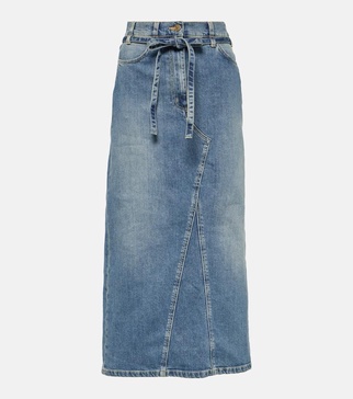 High-rise denim midi skirt