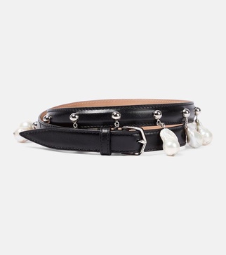 Faux pearl-embellished leather belt