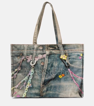 Large denim-effect printed canvas shopper