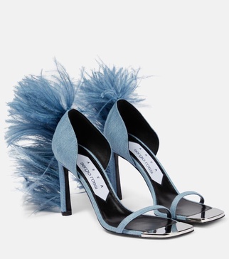x Sergio Rossi Amazona feather-trimmed denim sandals