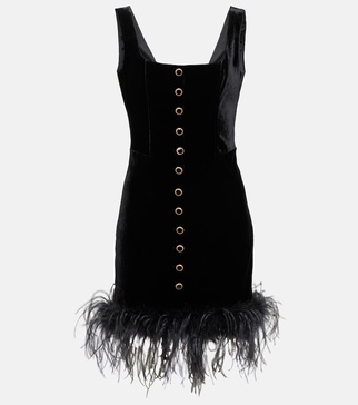 Feather-trimmed velvet minidress