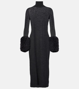 Faux shearling-trimmed virgin wool midi dress