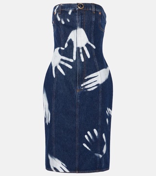 Printed strapless denim midi dress