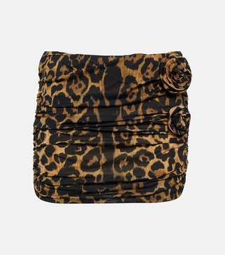 Floral-appliqué leopard-print miniskirt