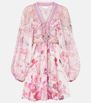 Gathered floral silk minidress