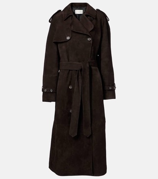 Double-breasted suede trench coat