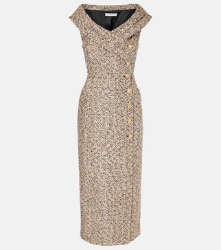 Off-shoulder tweed lamé midi dress