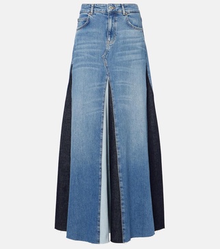Patchwork high-rise denim maxi skirt