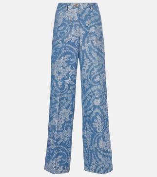Printed cotton and linen wide-leg pants