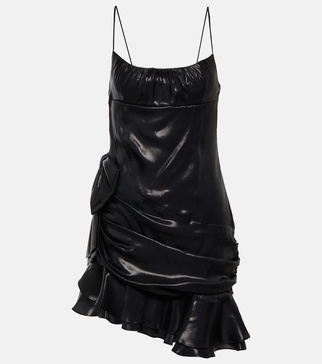 Laminated silk blend mini dress w/volant