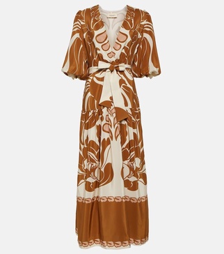 Printed puff-sleeve silk maxi dress