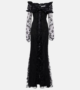 Bow-detail ruffled off-shoulder lace gown