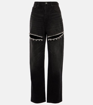 Embellished cutout straight jeans