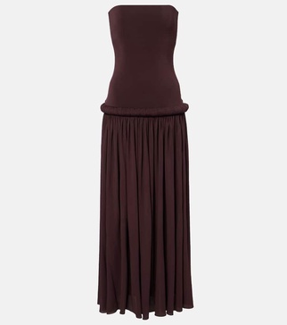 Strapless gathered jersey maxi dress