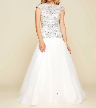 cap sleeve ornate illusion trumpet gown in white/silver