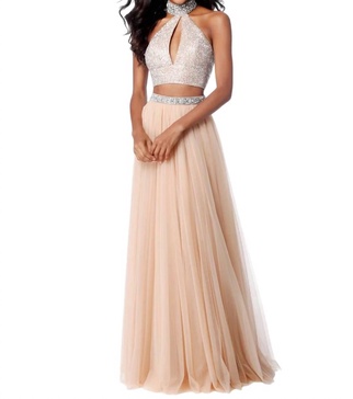 two-piece beaded keyhole prom dress in nude