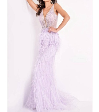 beaded and feather gown in lilac
