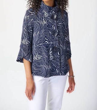 abstract puff print silky knit jacket in blue
