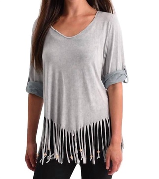 stone wash cut out fringe top in slate