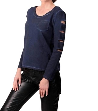 scoop-neck distressed top in denim