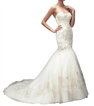strapless fit and flare shaped gown in ivory/ivory/silver