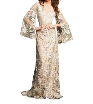 cape sleeve lace sheath gown in champagne