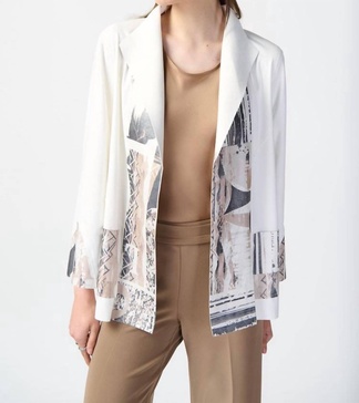 patchwork suede jacket with foil print accents in vanilla/multi