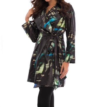midnight belted collared rain jacket in black multi