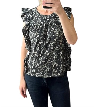 floral ruffle short sleeve blouse in black