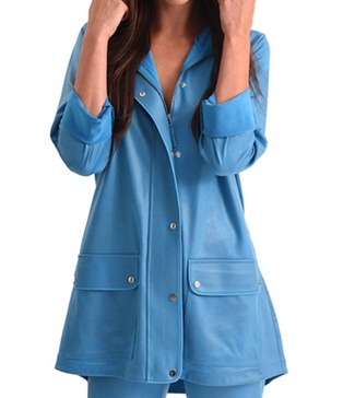 microfiber leather long hooded jacket in turquoise