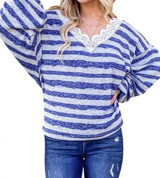 striped lace detail v neck top in blue