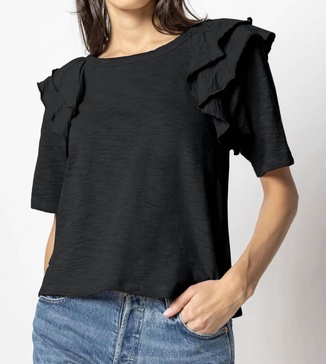 elbow sleeve ruffle crewneck top in black