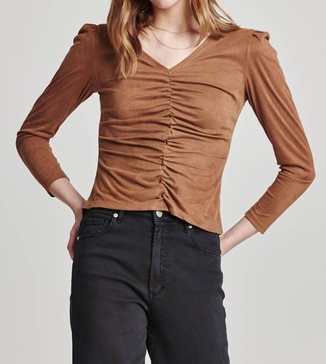 shay long sleeve shirred front top in toffee