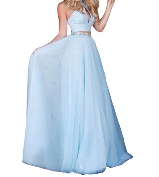 two-piece beaded keyhole prom dress in light blue