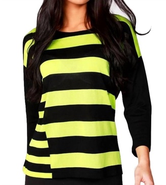3/4 sleeve stripe scoop neck sweater in black/kiwi