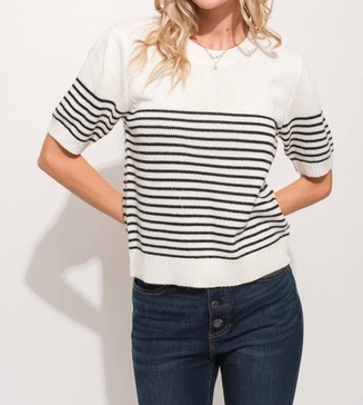 short sleeve striped knit top - plus in white/black