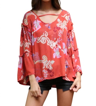 floral ruffle seam bell sleeve tunic in watermelon