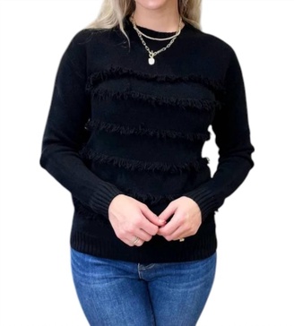 fringe crew neck sweater in black