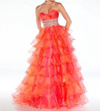 sweetheart strapless ballgown with stonework waistband in sunset