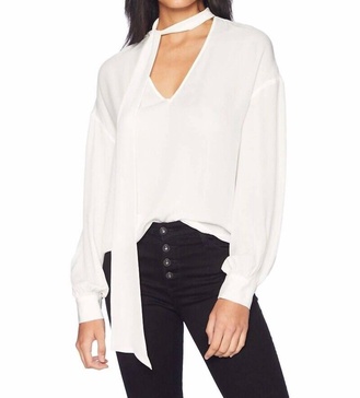 tori tie neck silk long sleeve blouse in ivory