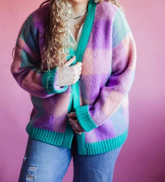 colorful gingham cardigan in purple multi