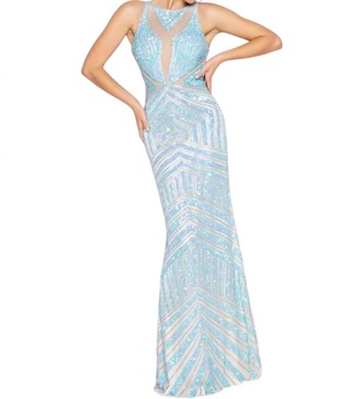 sequin long prom dress in aqua/nude