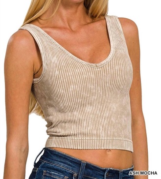 washed ribbed seamless bra padded tank top in ash mocha